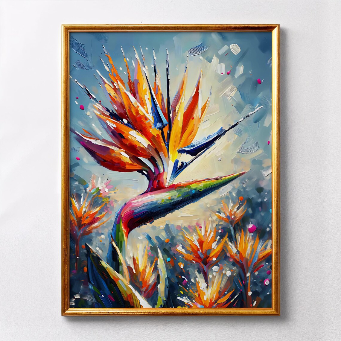 Bird Of Paradise Flower Poster in Bold Tropical Orange Painterly Style