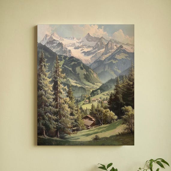 Mountain Wall Art Print Rustic Mountain Painting Landscape Wall Art Snow Mountain Painting Vintage Farmhouse Decor Forest Art