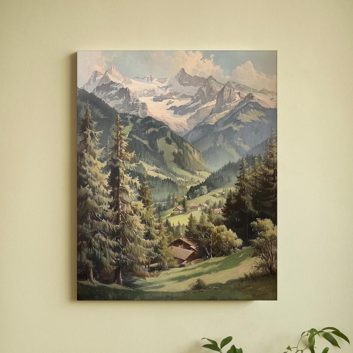 Mountain Wall Art Print Rustic Mountain Painting Landscape Wall Art Snow Mountain Painting Vintage Farmhouse Decor Forest Art