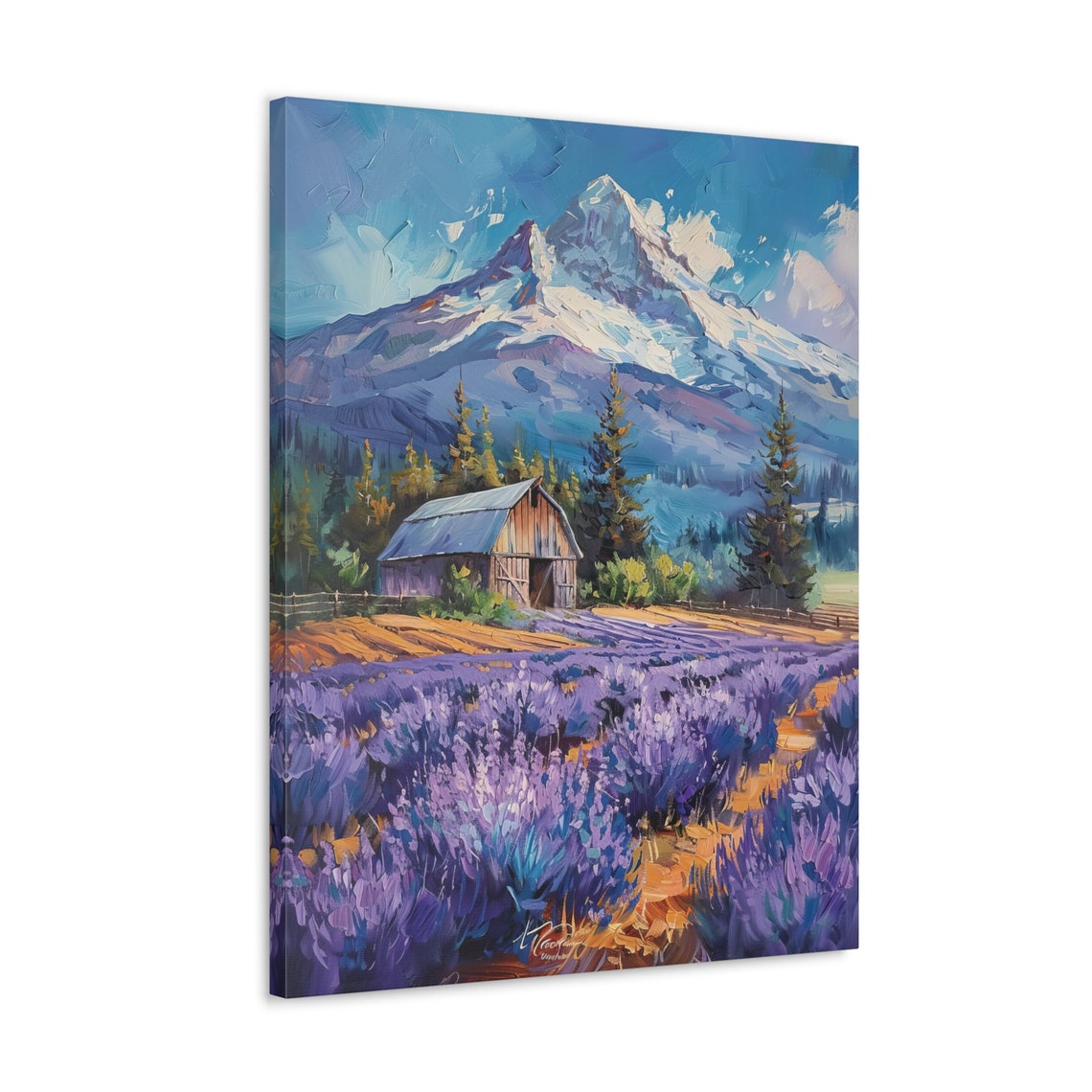 Lavender Farm with Rustic Barn Beneath Snow-Capped Peak Poster - Image 4