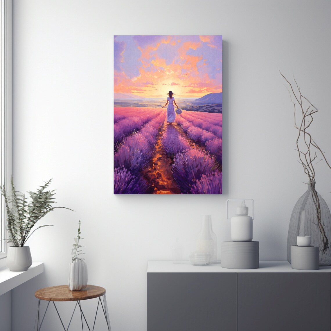 Woman Walking a Lavender Field Poster at a Dreamy Pink Sunset Scene - Image 3