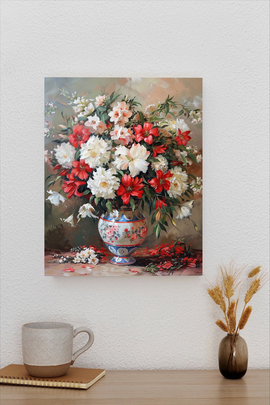 Red and White Peony Bouquet in Decorated Floral Porcelain Vase Poster - Image 2
