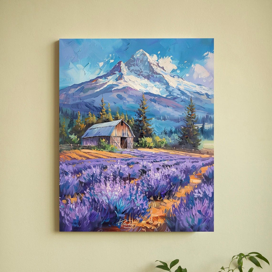 Lavender Farm with Rustic Barn Beneath Snow-Capped Peak Poster