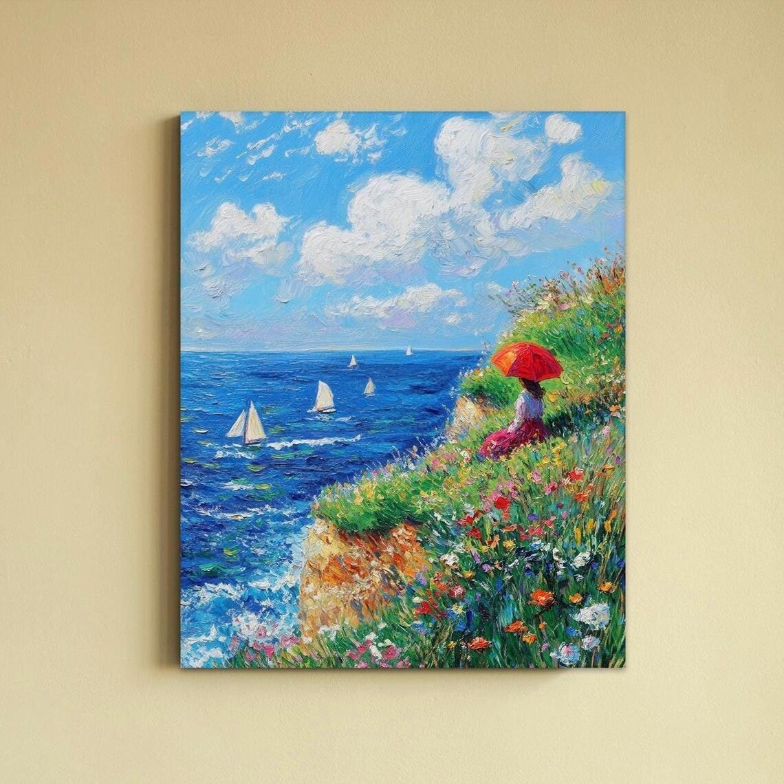 Cliff Walk at Pourville Inspired Monet Coastal Sailboats Flower Poster