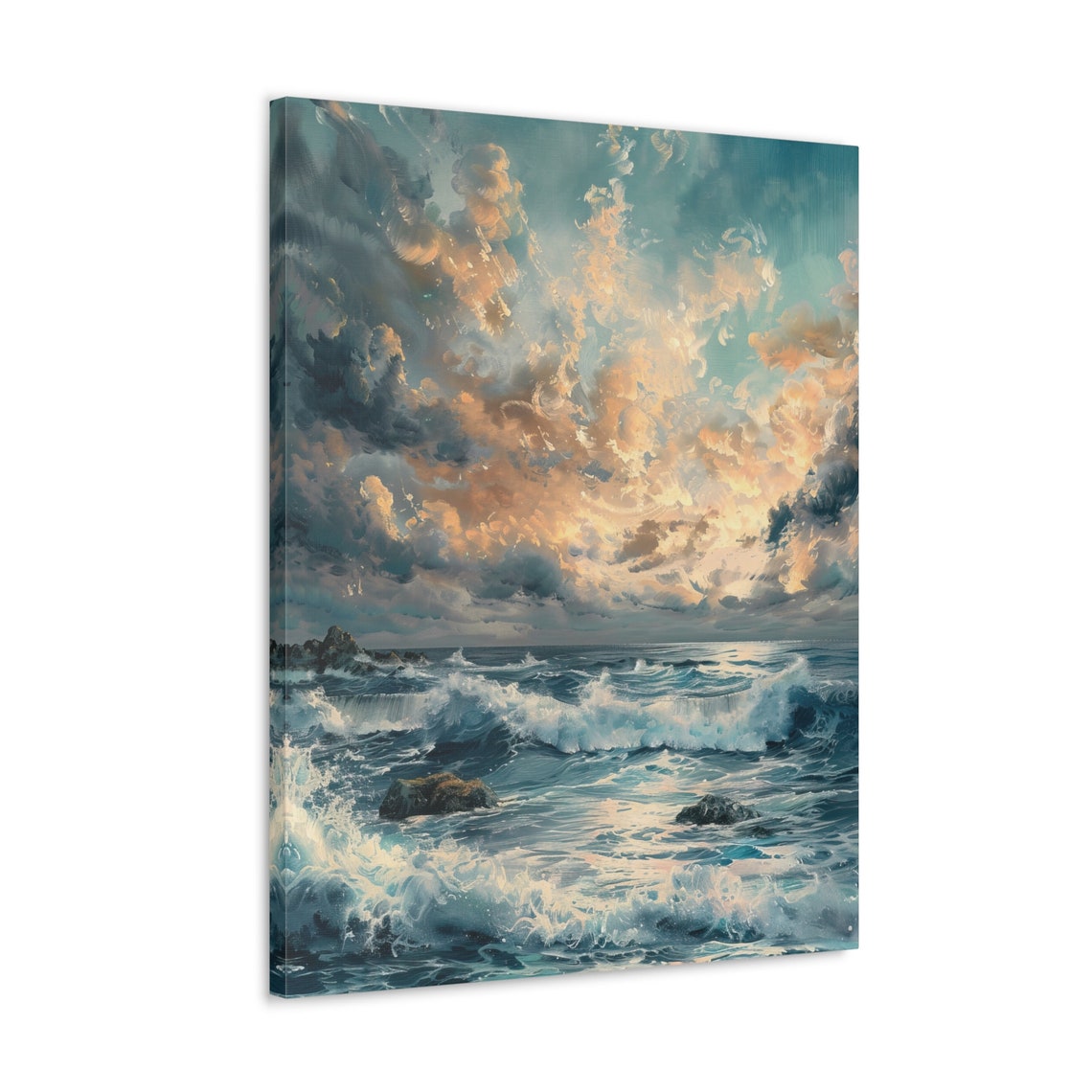 Teal Ocean Waves Poster Under a Peachy Golden Sunset Cloud Sky Scene - Image 4