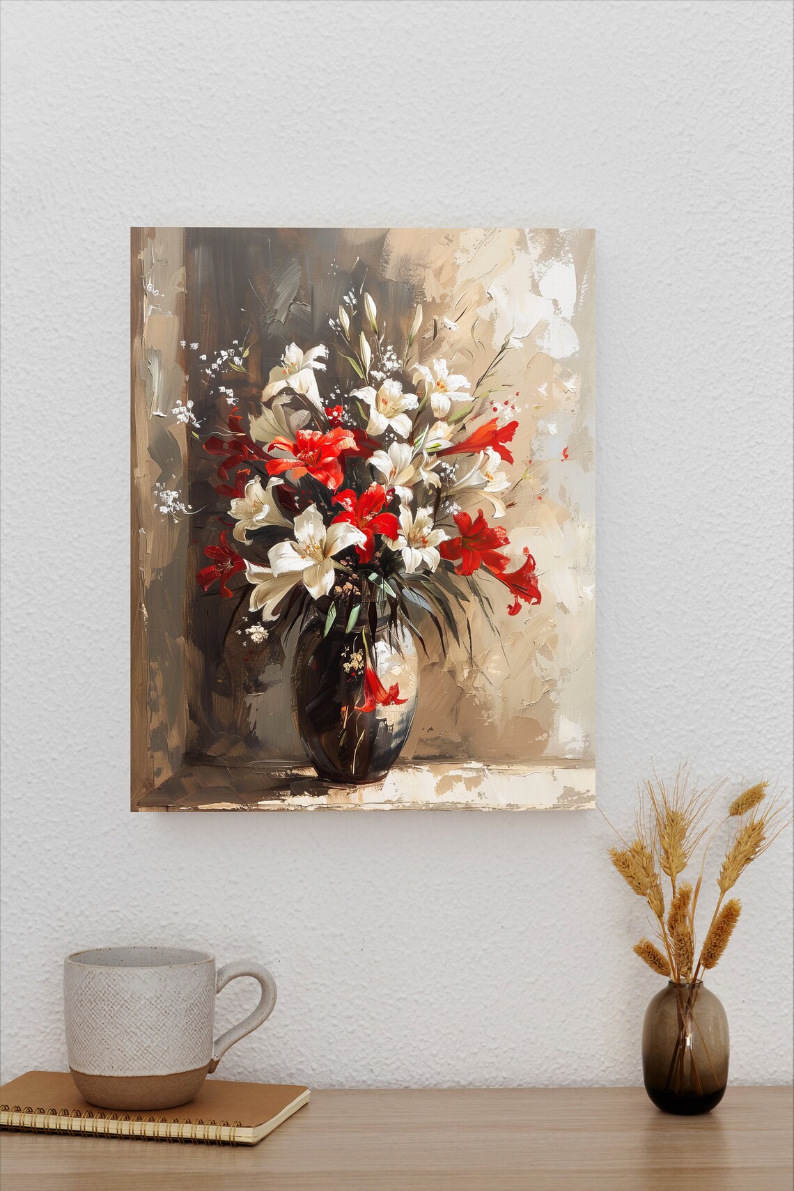 Red And White Lilies Dark Vase Modern Floral Painting Poster - Image 2