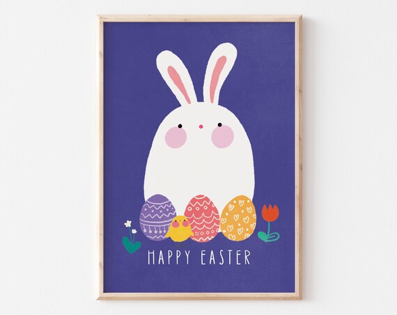 Happy Easter Cute White Bunny Decorated Eggs Purple Kids Print