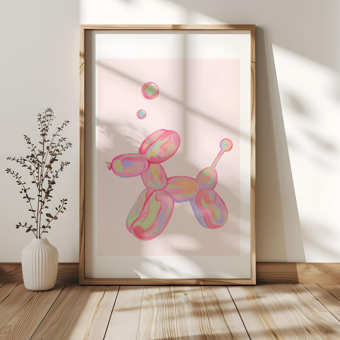 Pink Watercolor Balloon Animal Dog Poster with Iridescent Pastel Shine - Image 2
