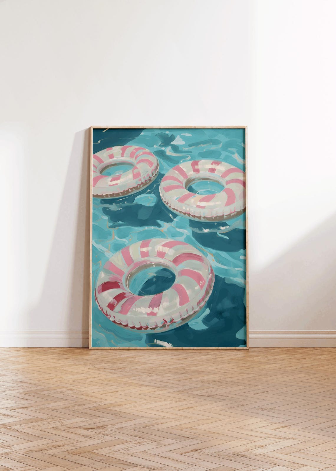 Three Pink Striped Inflatable Pool Float Rings Summer Poster - Image 3