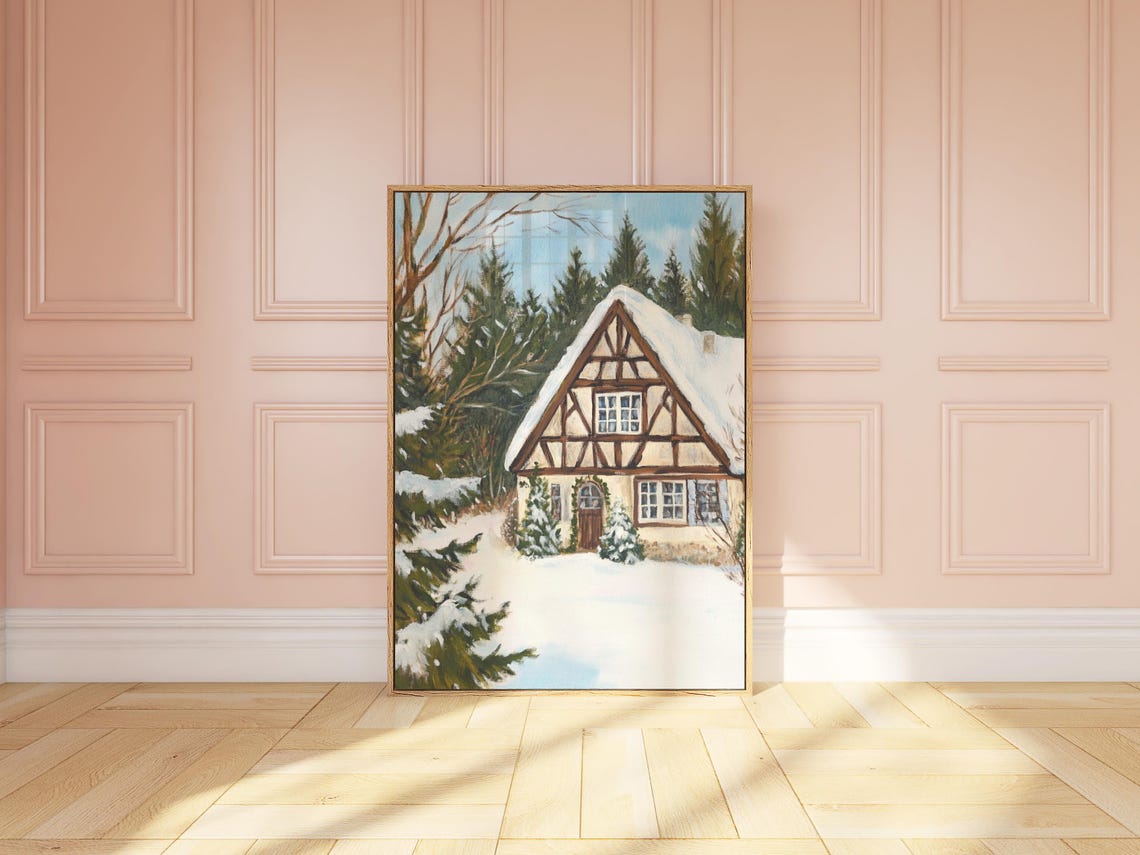 Cozy Snowy Half Timbered Cottage Winter Forest Painting Poster