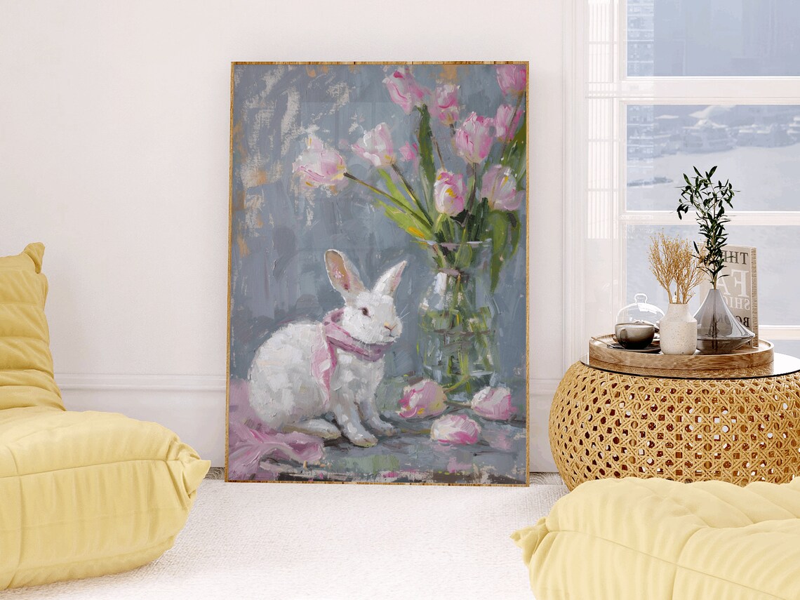 White Rabbit Pink Tulips Floral Still Life Oil Painting Art Poster - Image 2
