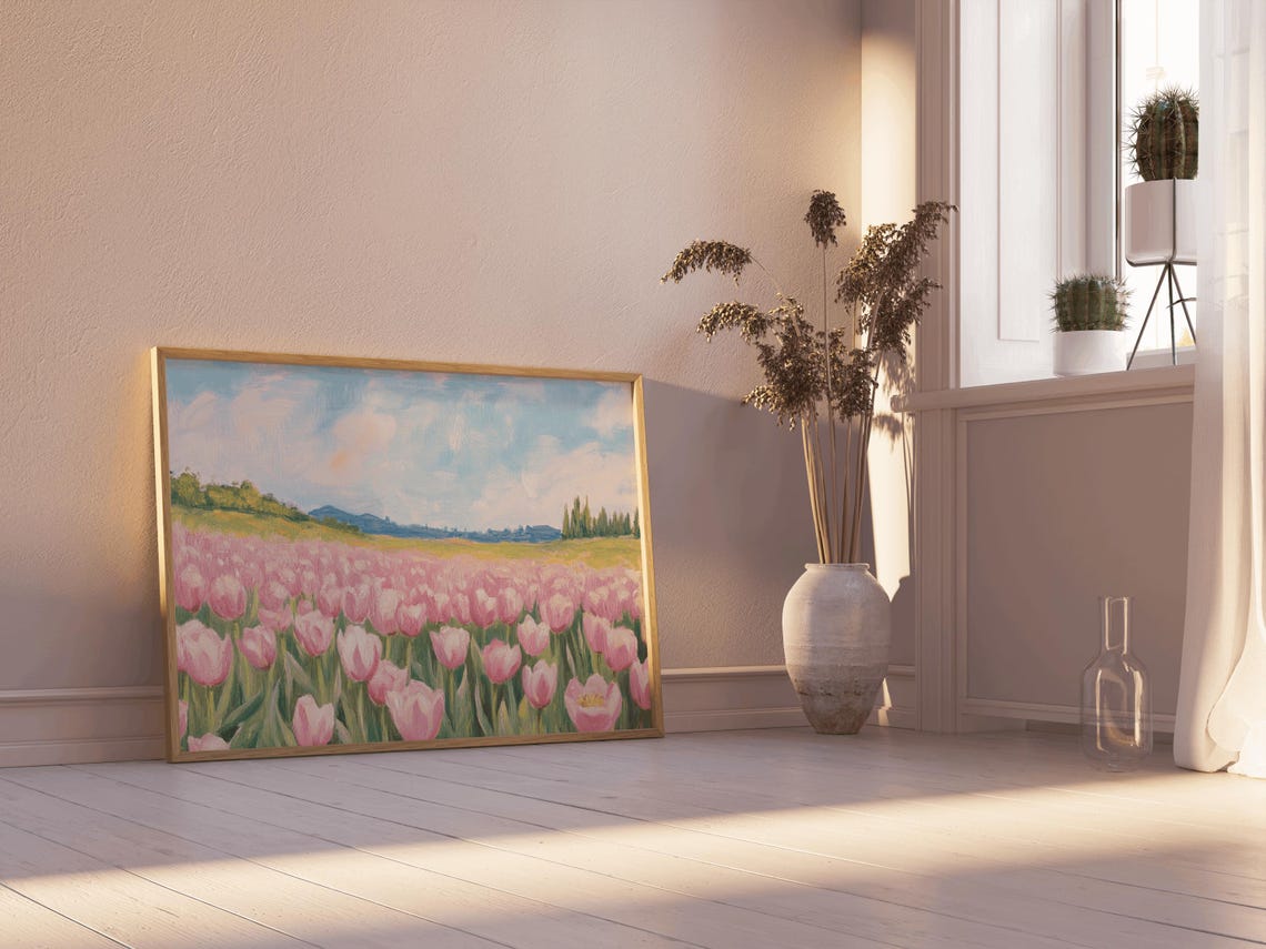 Pink Tulip Field Decoration Tulips Aesthetics Flower Art Artful Roses Oil Painting Vintage Rose Oil Painting Flower Artful Art - Image 3