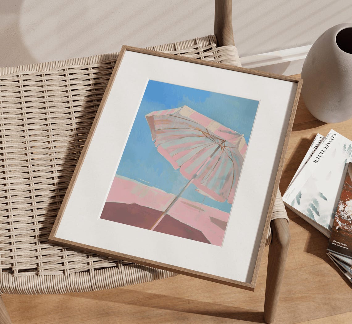 Pink Striped Beach Umbrella On A Sunny Beach Blue Sky Poster