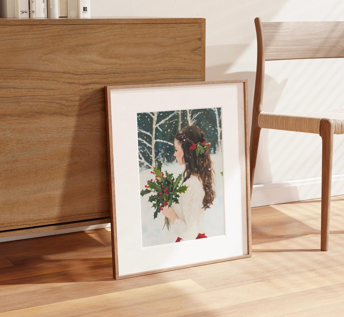 Mistletoe Lady Divine Feminine Winter Art Classy Woman Painting Holly Christmas Print Floral Christmas Floral Winter Girls Winter Art - Image 2