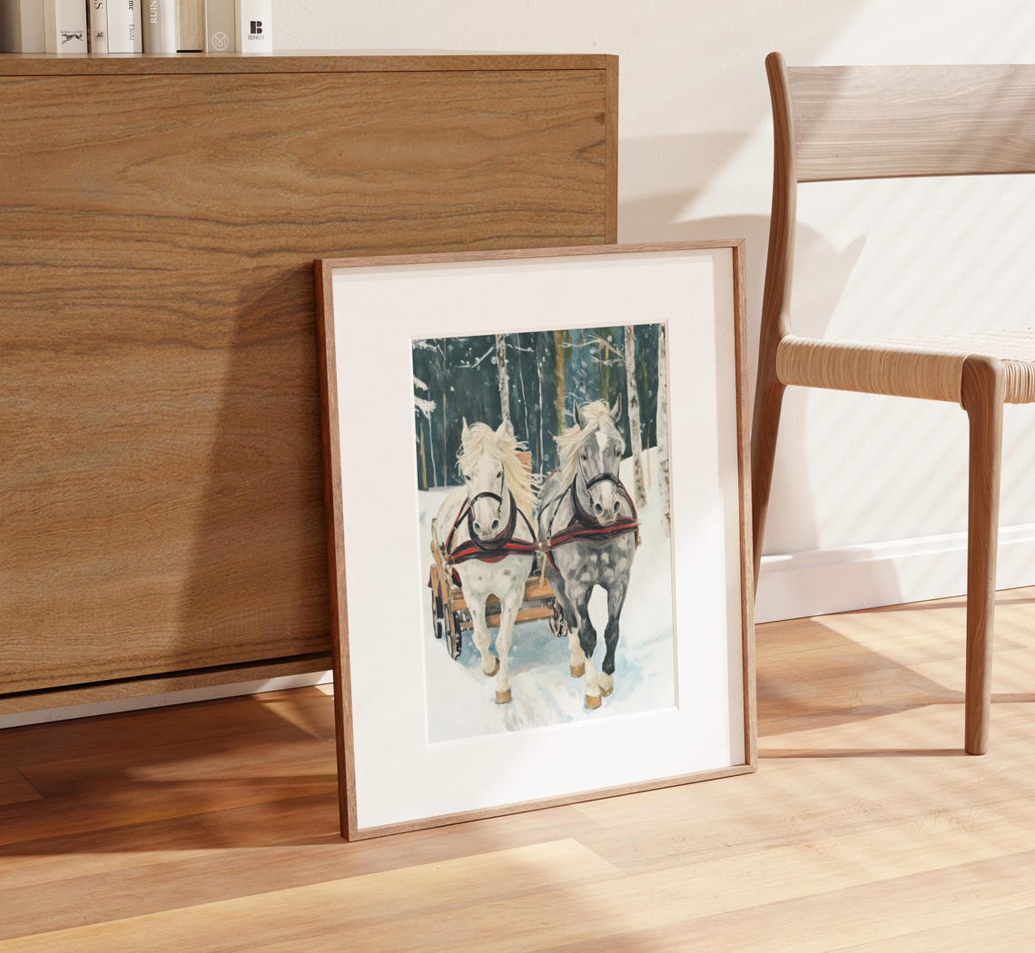 Two White Draft Horses Pulling Carriage Through Snowy Forest Poster - Image 2