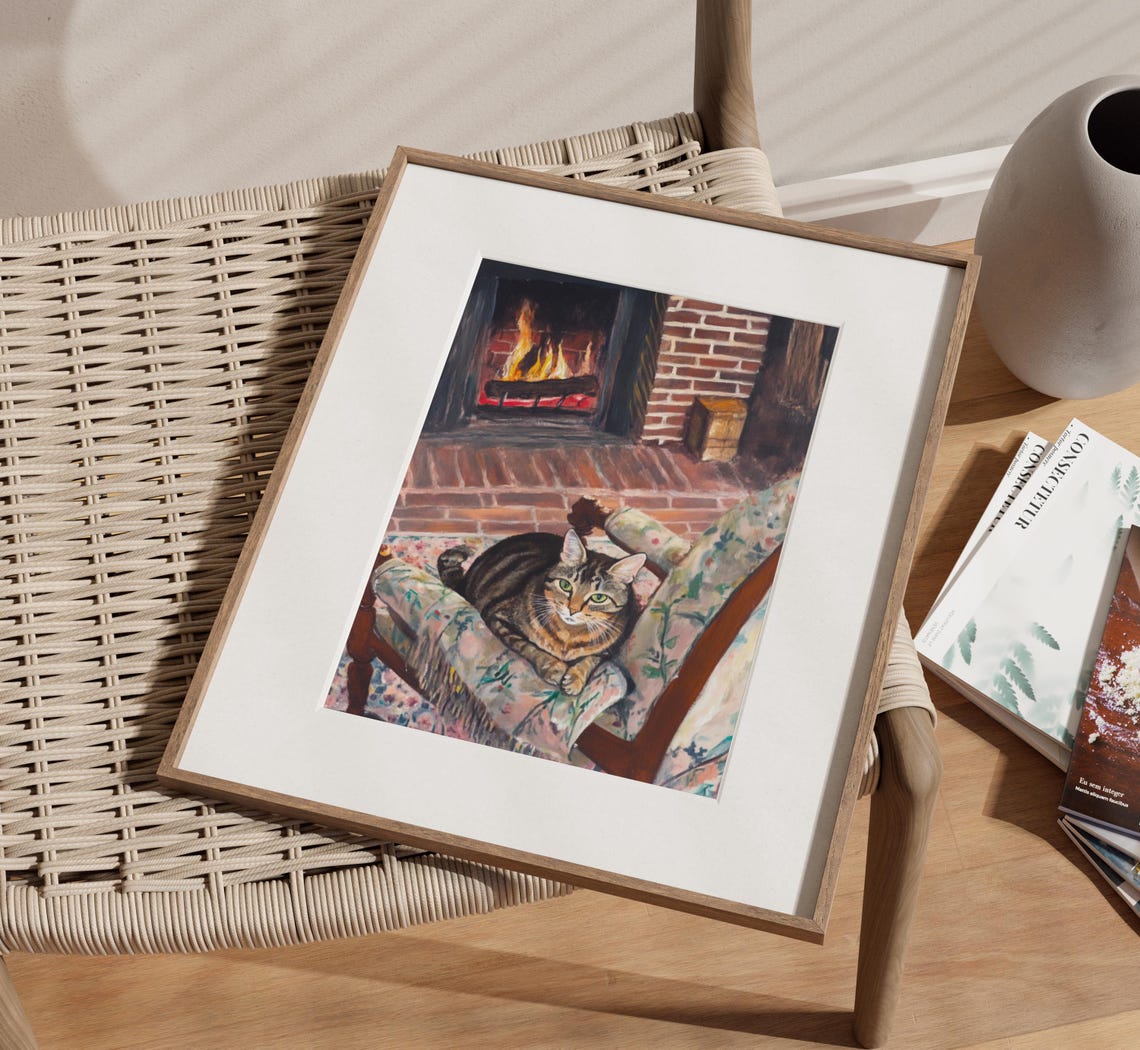 Brown Tabby Cat on Floral Chair by Brick Fireplace Art Poster - Image 2