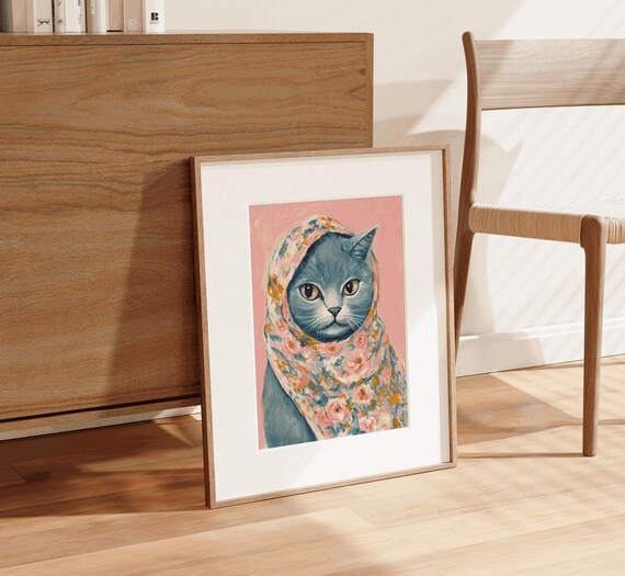 Grey Cat Floral Babushka Headscarf Cute Pink Portrait Poster