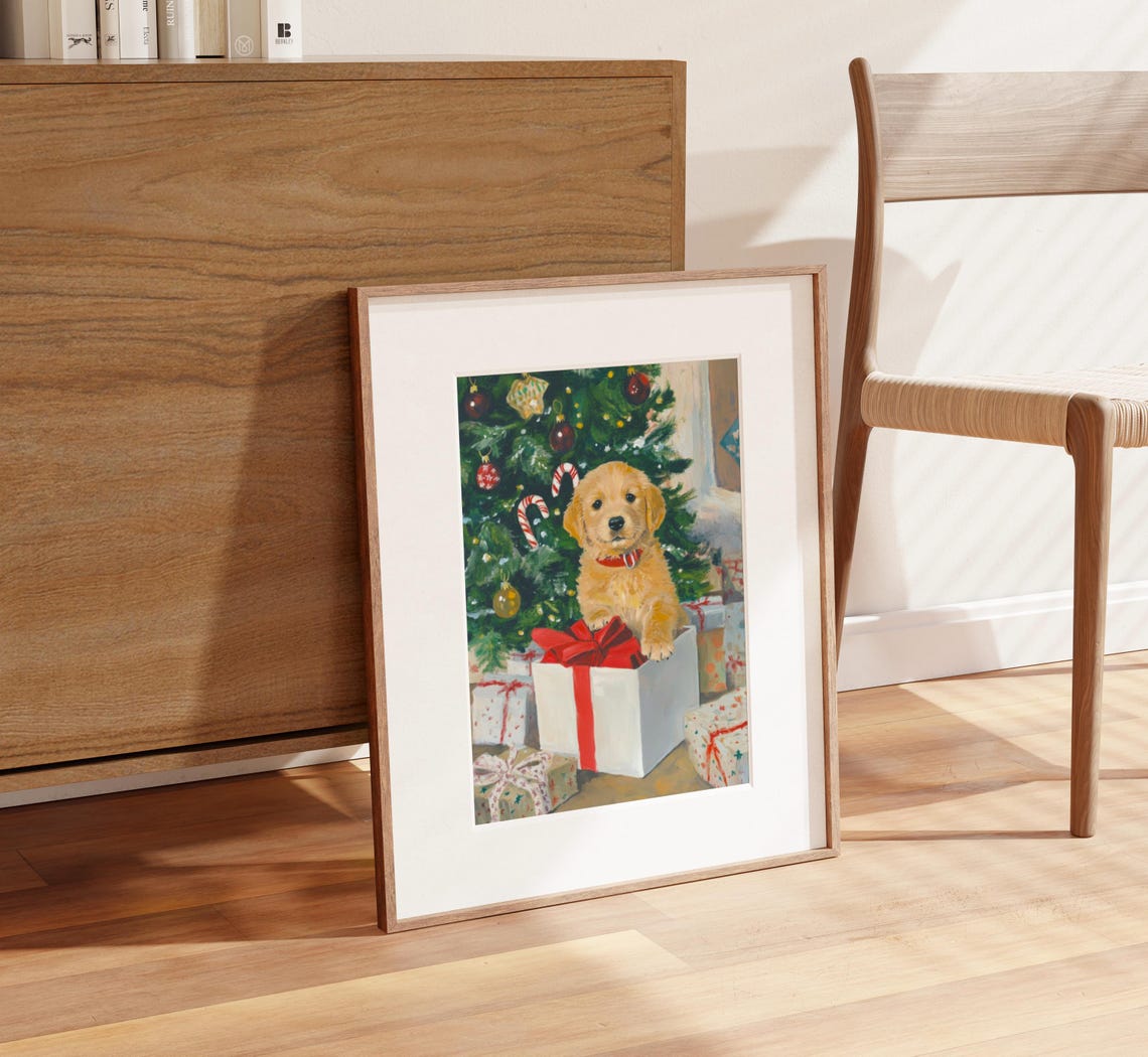 Golden Retriever Puppy Sitting in Gift Box by Christmas Tree Poster