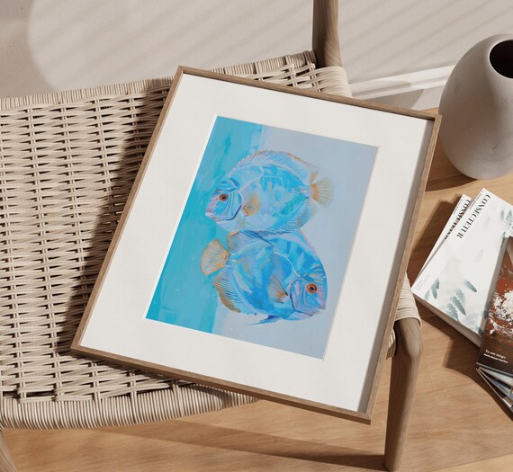 Abstract Discus Fish Discus Aquarium Fish Modern Coastal Wall Decor Aquarium Artwork Angel Fish Art Beach House Art Blue Fish Painting