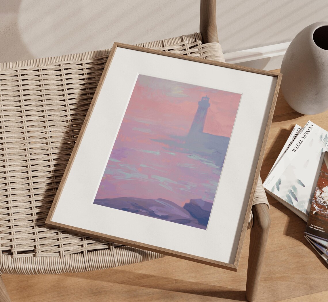 Lighthouse in Pink Fog Over Calm Sea Pastel Coastal Art Print