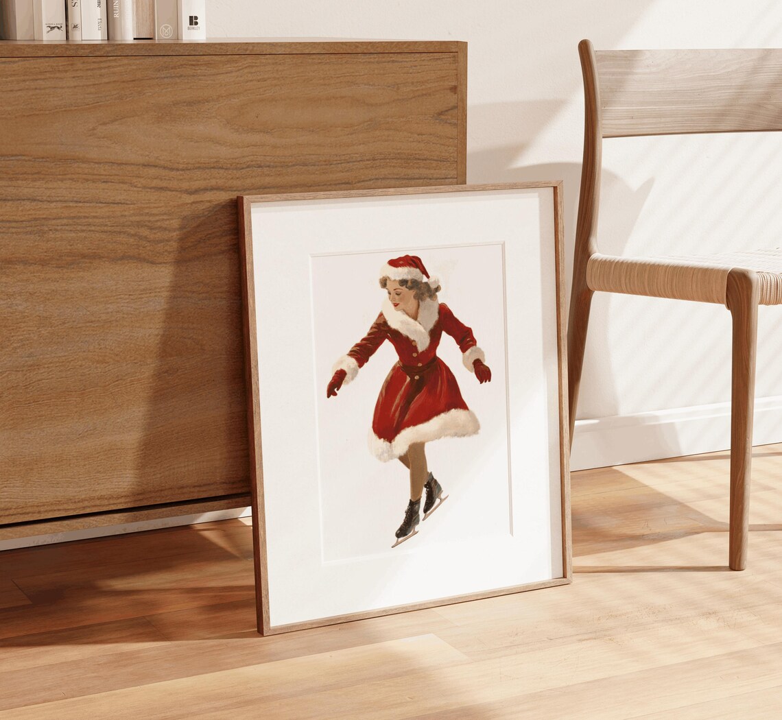 Vintage Christmas Woman Ice Skating Red Santa Dress Retro Poster - Image 3
