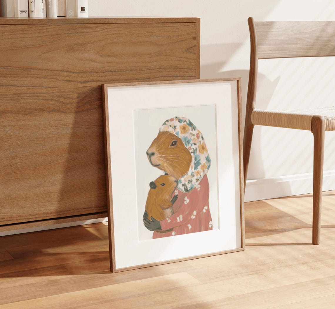 Capybara Mom Hugging Baby Floral Bonnet Vintage Nursery Poster