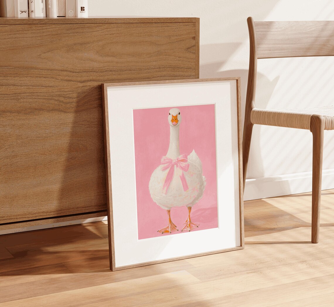 White Goose Pink Bow Coquette Soft Pink Nursery Watercolor Poster