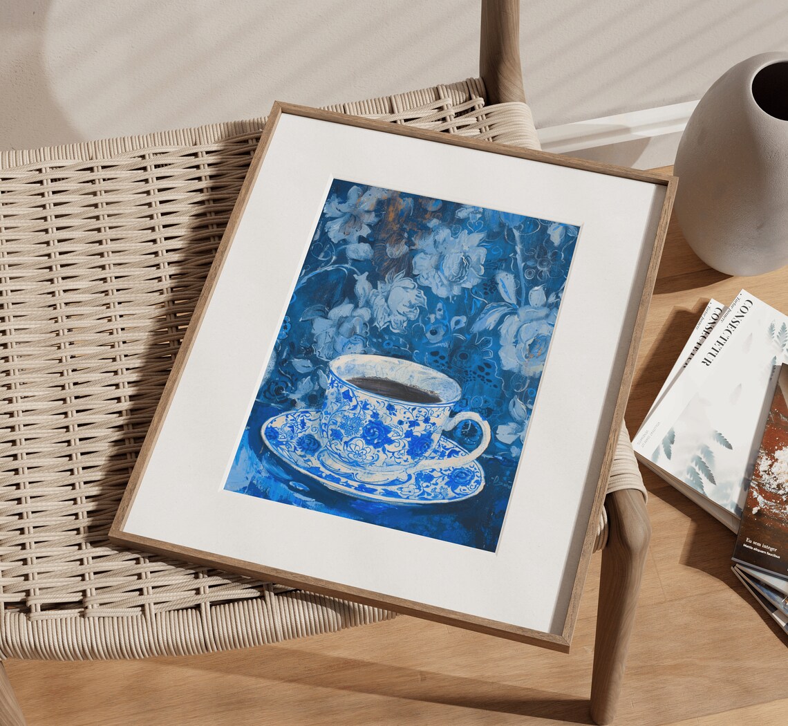 Blue Chinoiserie Teacup Floral Still Life Painting Art Print
