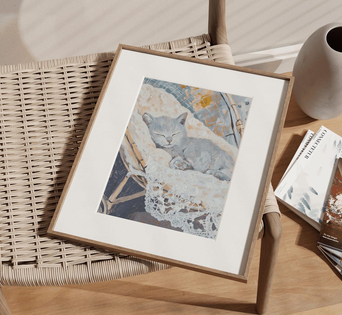 Grey Kitten Sleeping in Wicker Pram Cottagecore Cat Art Print