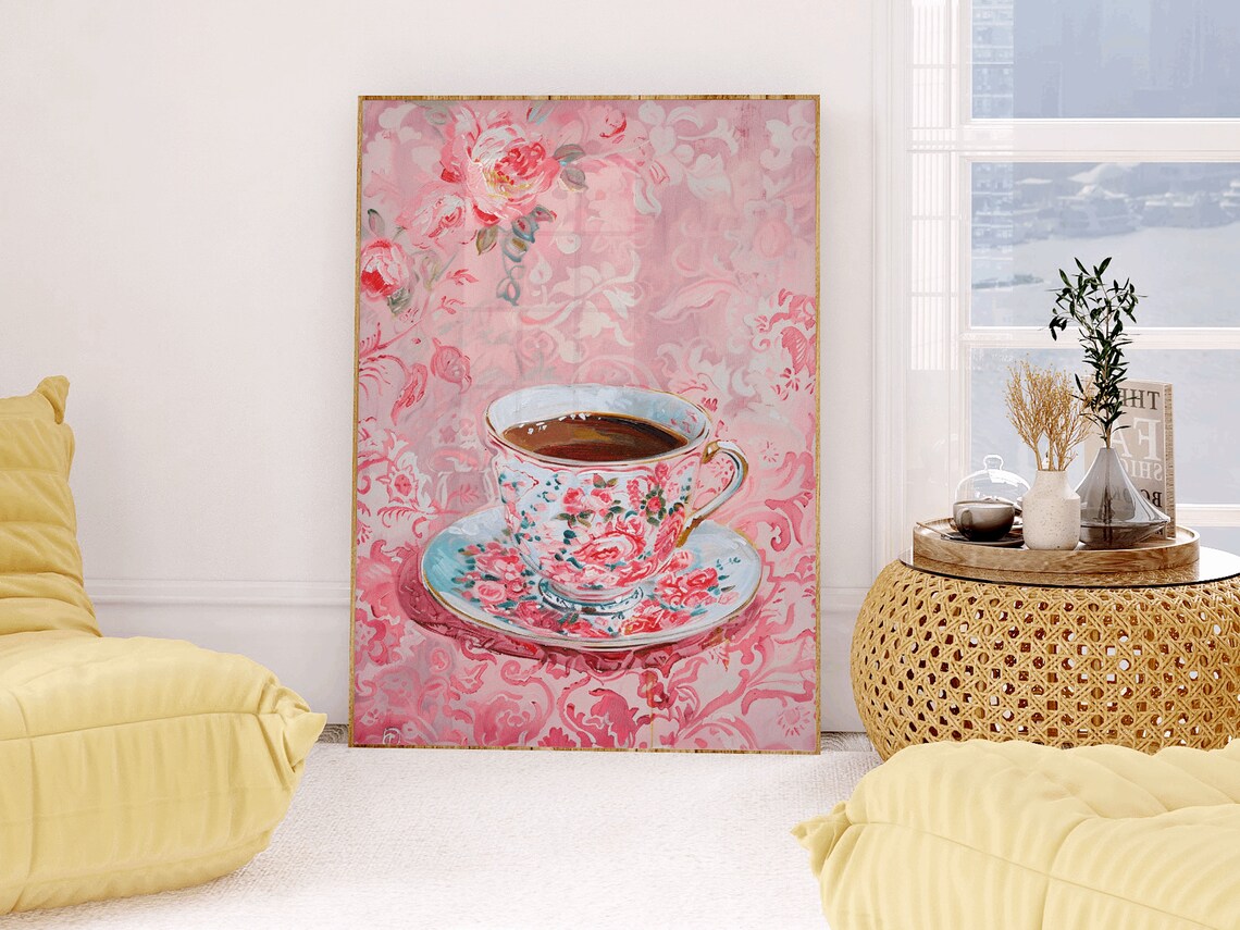 Pink Chinoiserie Teacup Floral Still Life Painting Art Print - Image 2