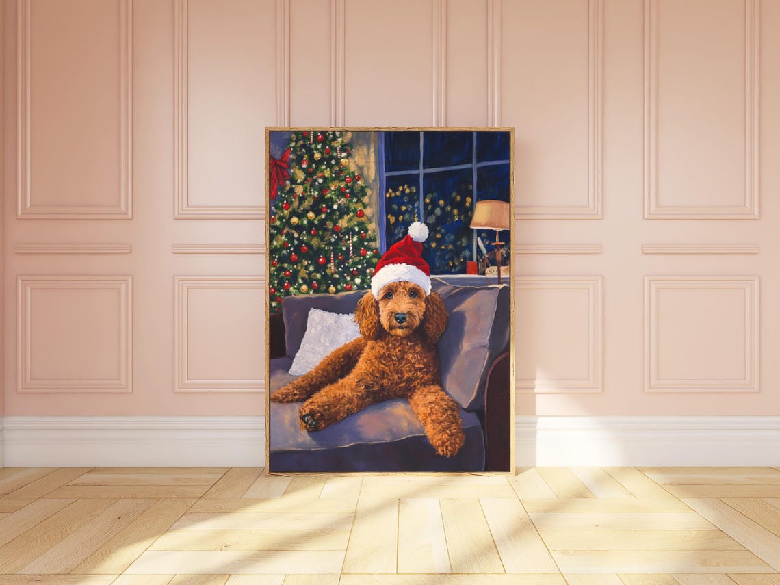Goldendoodle Xmas Art Christmas Dog Decor Santa Dog Print Vintage Dog Art Goldendoodle Drawing Christmas Poster Golden Poodle Winter