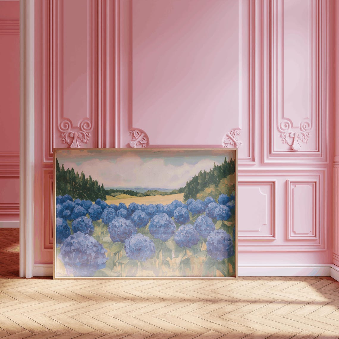 Blue Hydrangea Field Painting Garden Blooms Summer Art Poster - Image 3