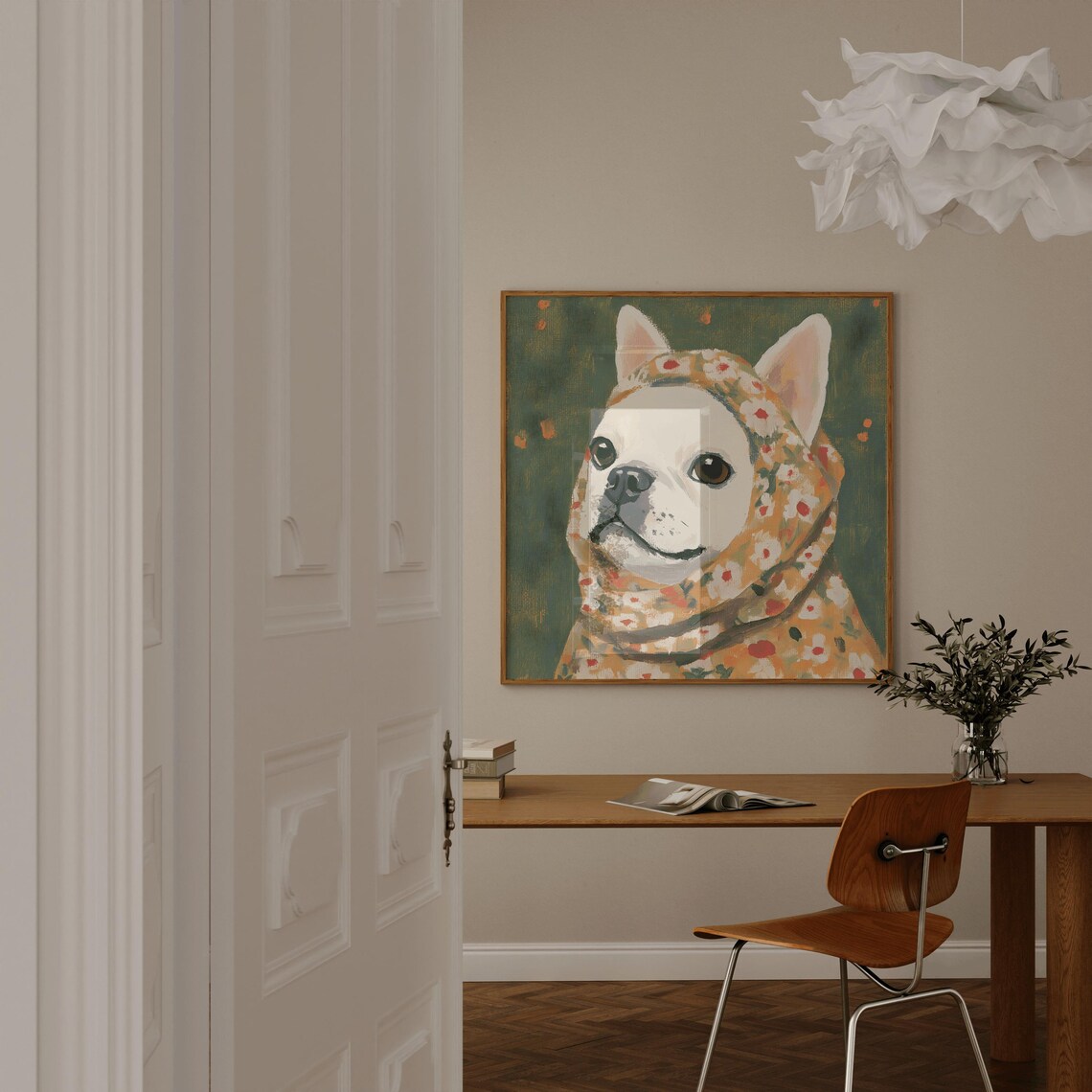 Adorable White French Bulldog Floral Babushka Portrait Poster - Image 3