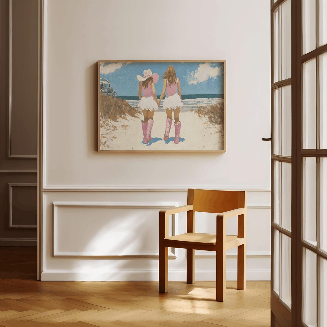 Two Cowgirls On Beach Path Pink Boots White Dresses Art Poster - Image 2