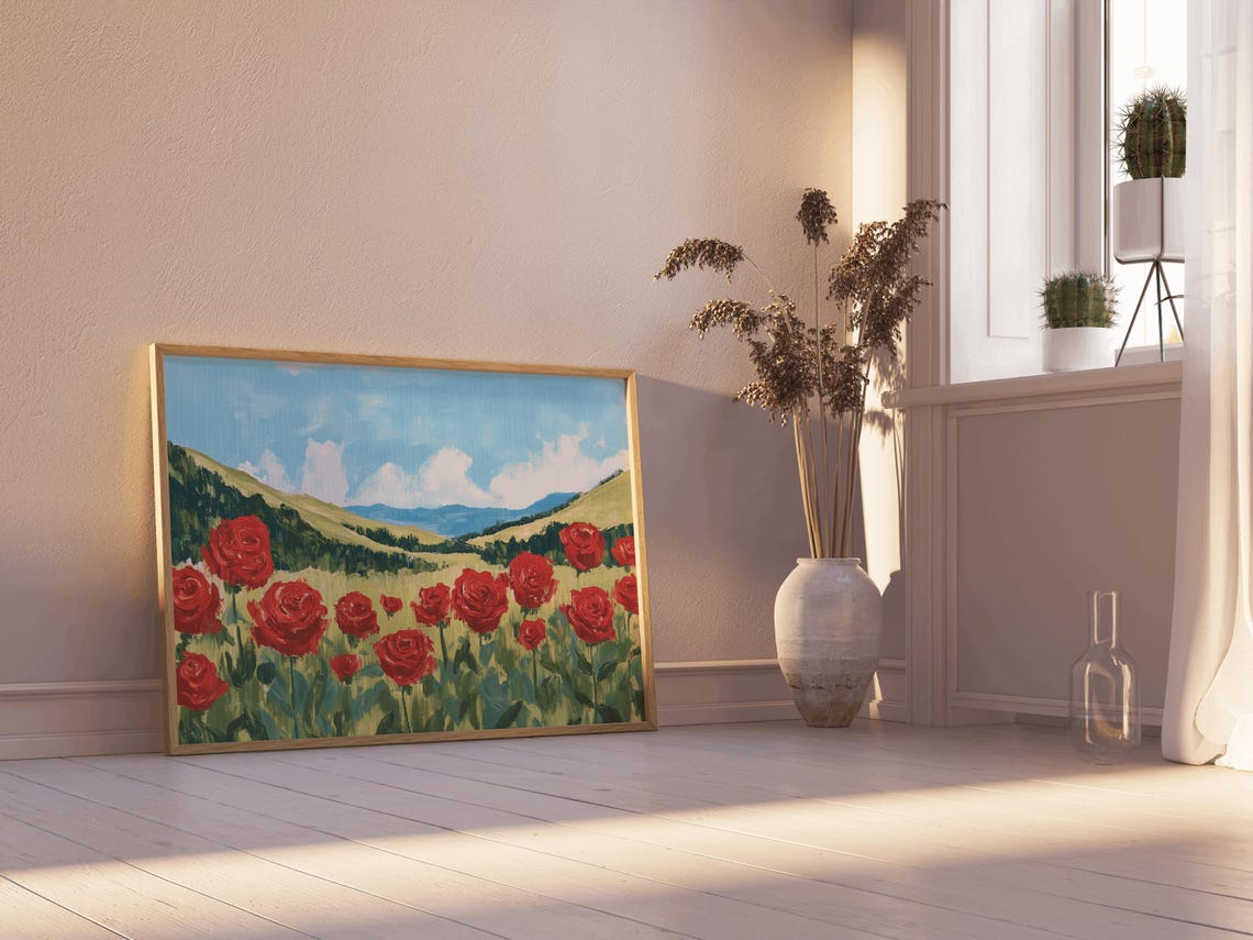 Field Of Red Rose Flowers Rose Garden Vintage Painting English Cottage Vintage Oil Painting Cottagecore Wall Art Decor Farmhouse Print