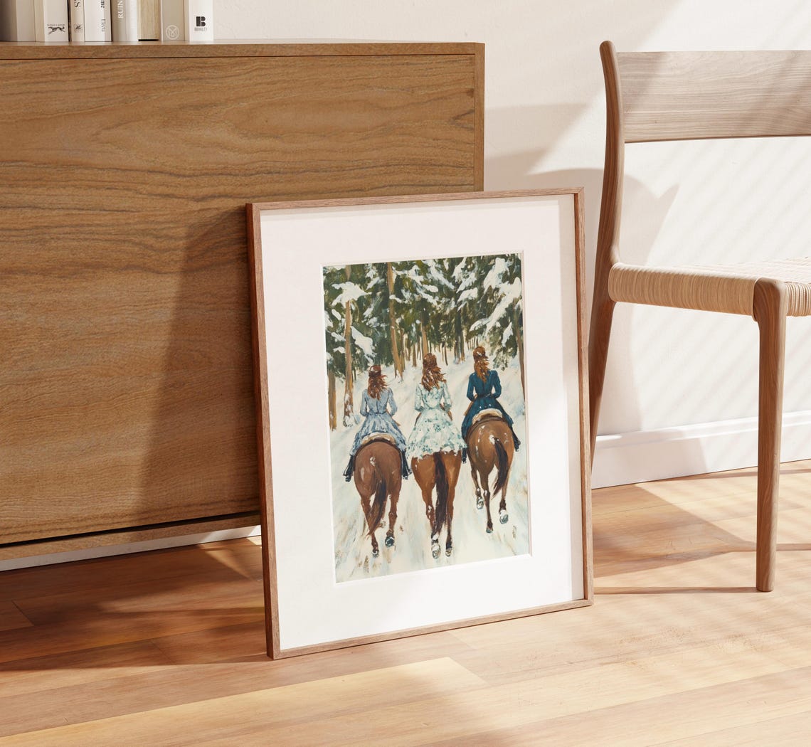 Three Women on Horseback Riding Through Snowy Pine Forest Poster