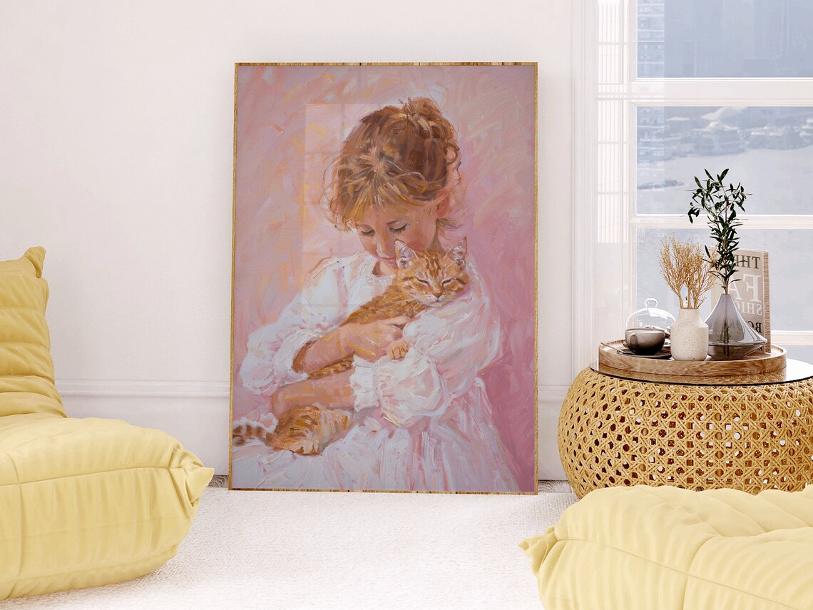 Little Girl Ginger Cat Nursery Wall Art Print Little Kids Room Decor Cute Pastel Vintage Farmhouse Antique Orange Cat - Image 2