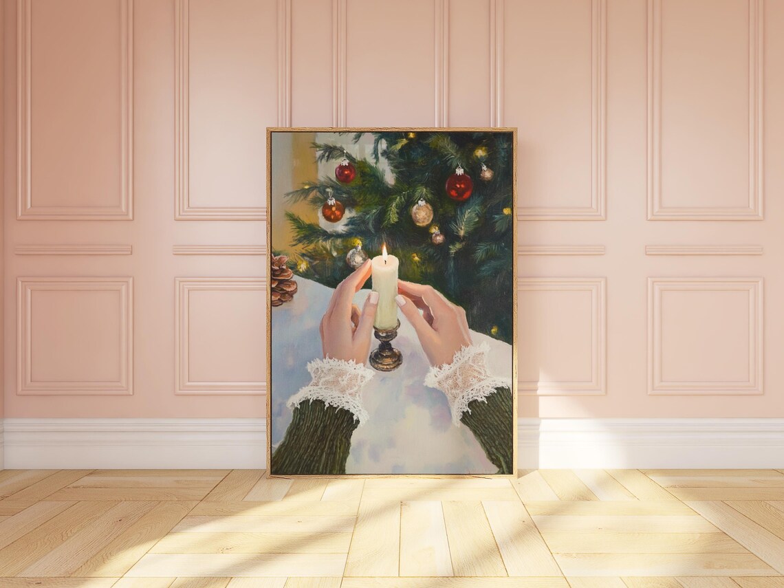 Woman Holding Lit Candle Before Christmas Tree Warm Glow Poster