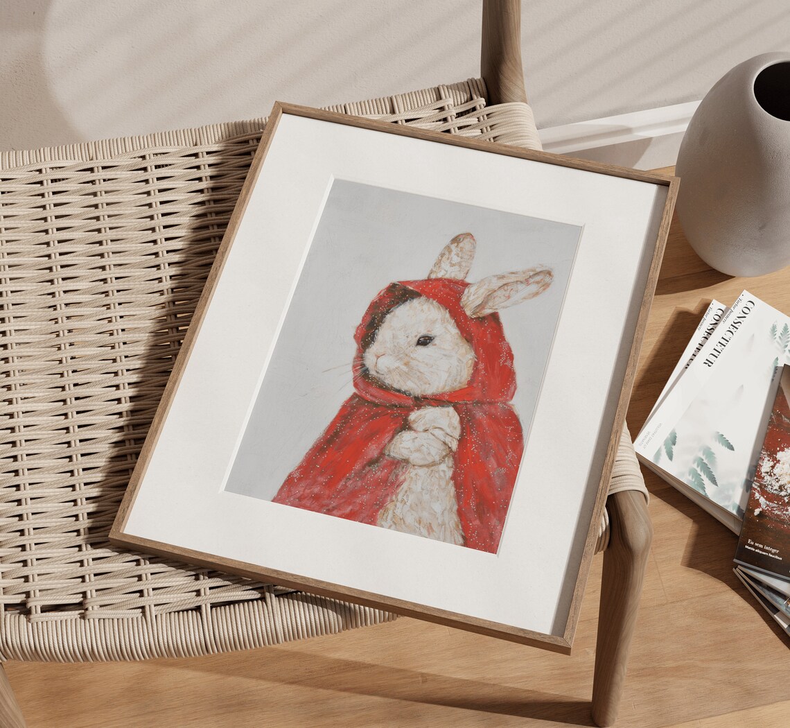 White Bunny in Red Riding Hood Cloak Woodland Nursery Art Print