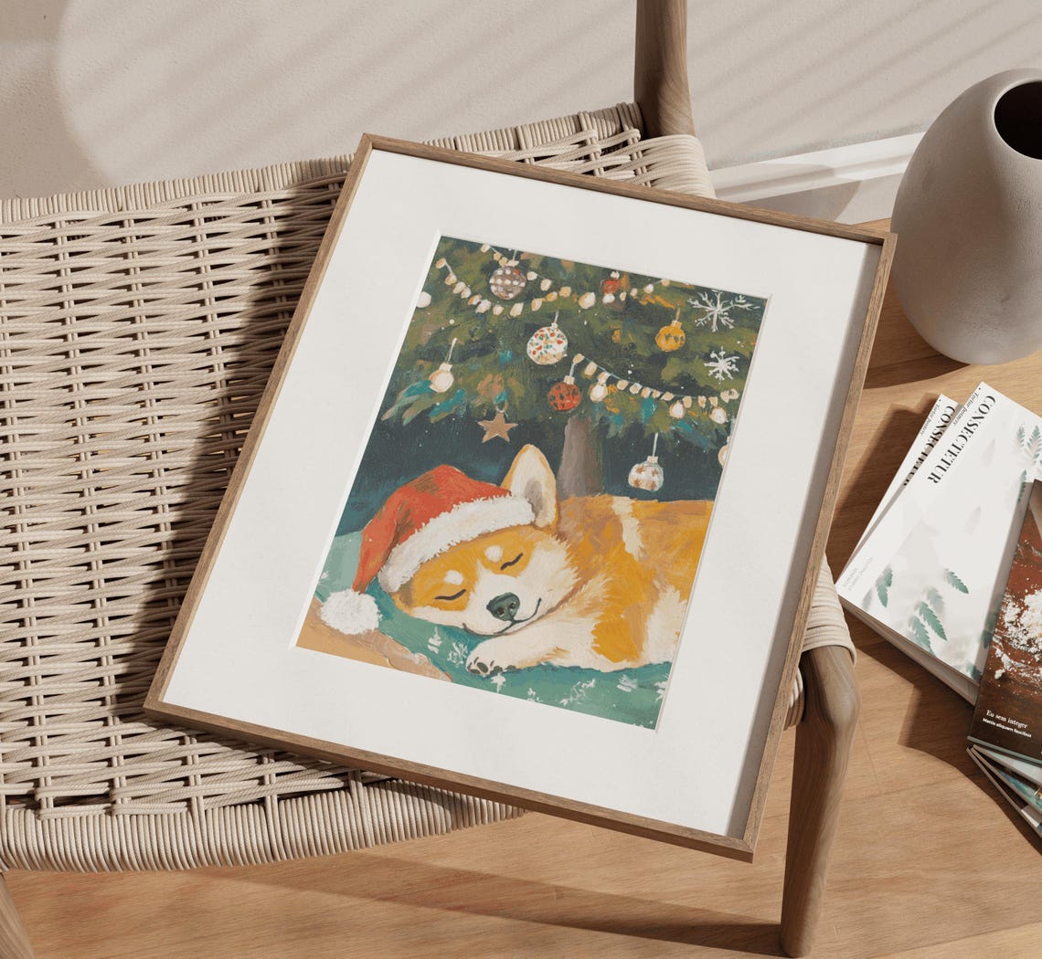 Sleeping Corgi Wearing Santa Hat Under Christmas Tree Art Poster - Image 3