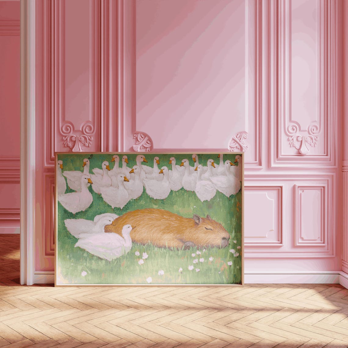 Sleeping Capybara White Geese Green Meadow Funny Animal Poster - Image 3