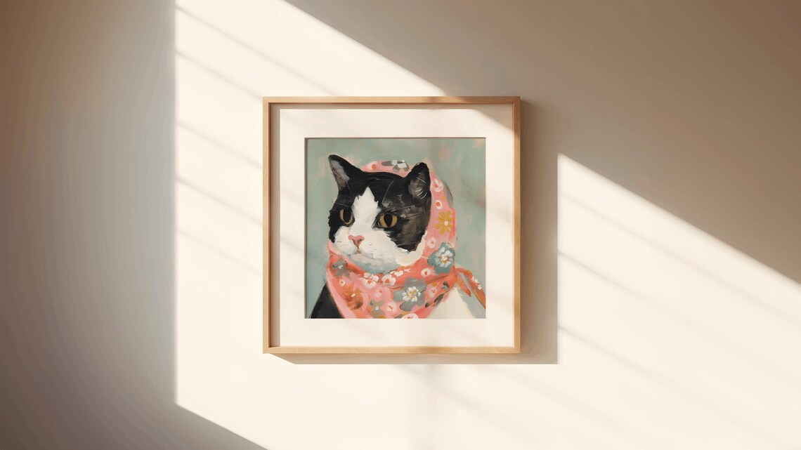 Tuxedo Babushka Cat Floral Portrait Art Print - Image 3