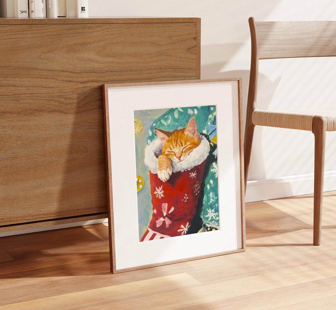 Sleeping Ginger Cat Red Christmas Stocking Cozy Holiday Poster - Image 2