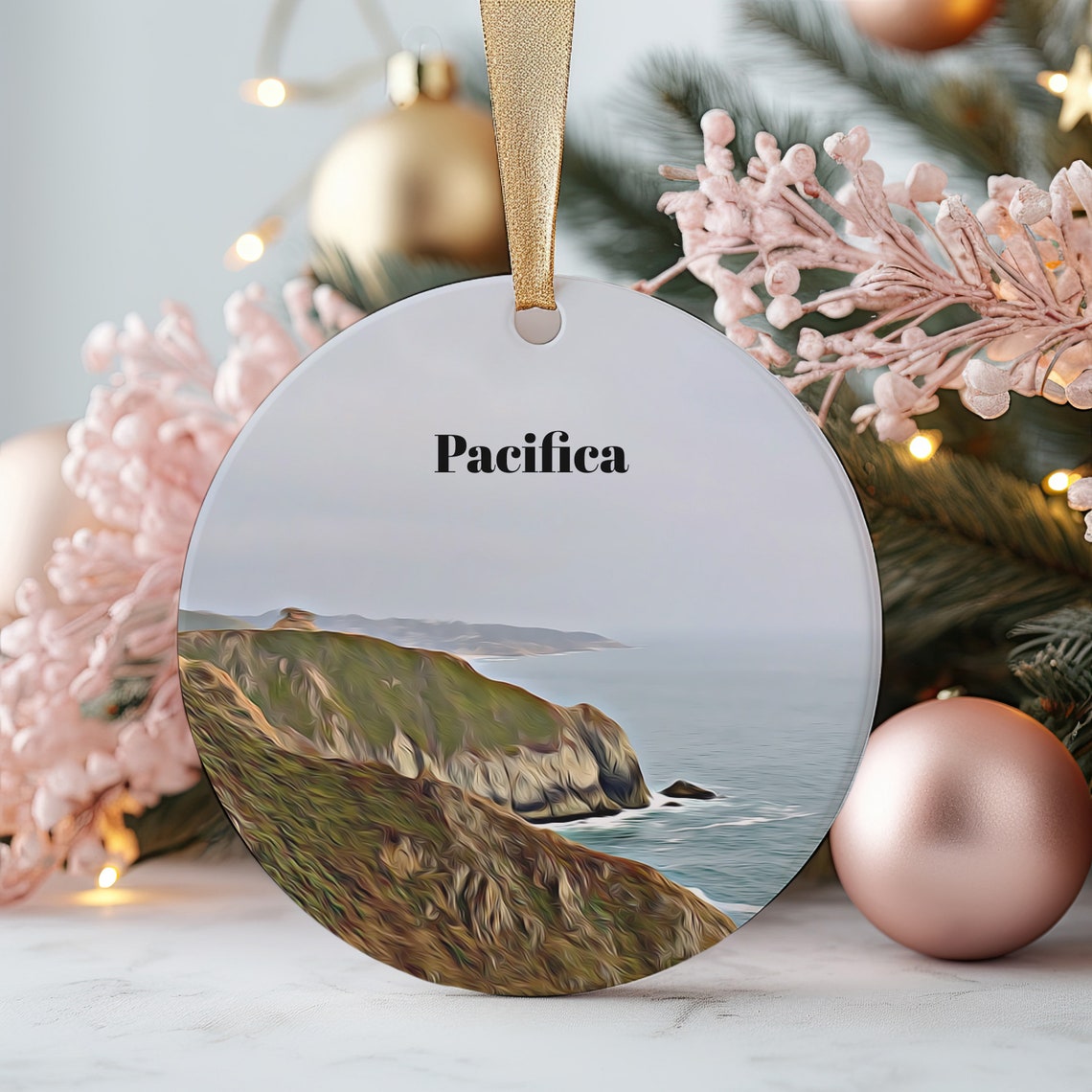 Pacifica California Coastal Cliffs Round Christmas Ornament Wall Art