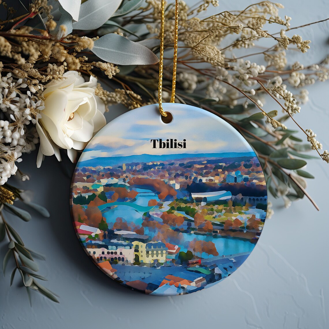 Tbilisi Georgia Painted Cityscape Round Travel Souvenir Wall Art