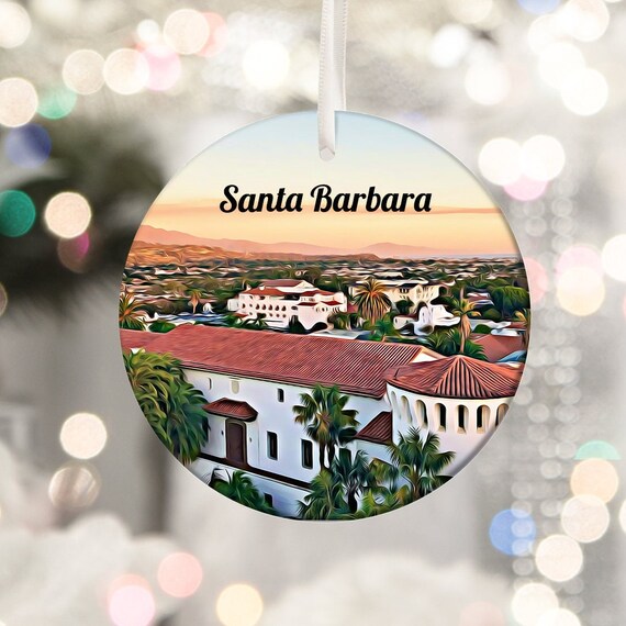 Santa Barbara Red Tile Rooftops Palms Sunset Round Ornament Poster