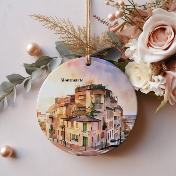 Montmarte Paris Street Watercolor Round Christmas Ornament Travel Gift Poster