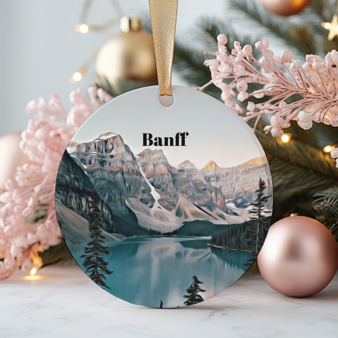 Banff Turquoise Lake Rocky Peaks Watercolor Round Ornament Poster