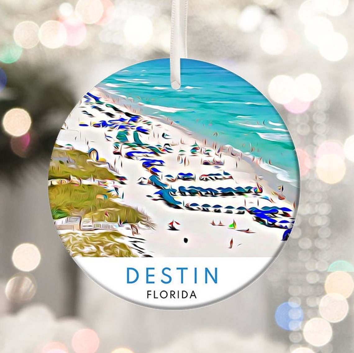Destin Florida Beach Umbrellas Christmas Ornament Travel Print