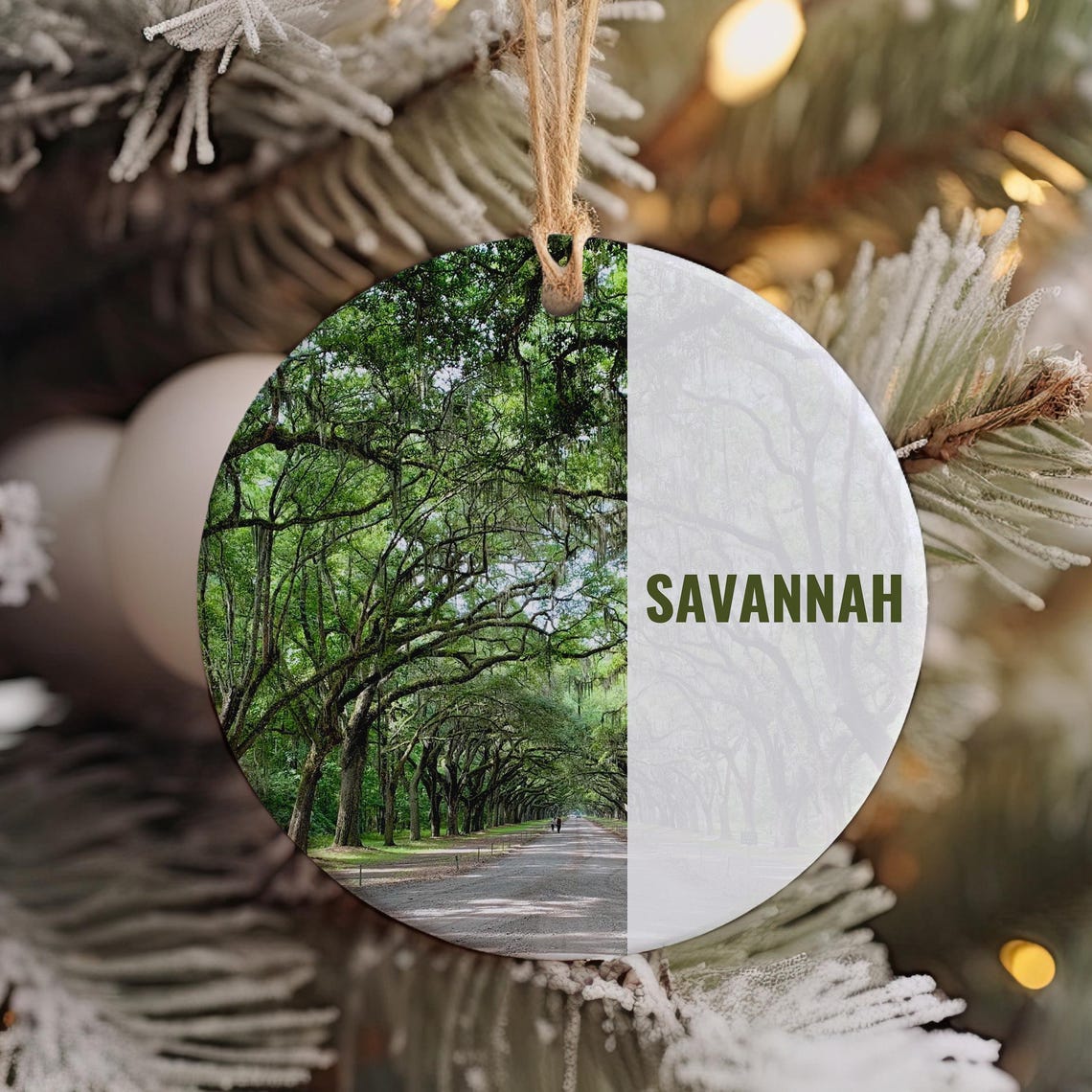 Savannah Oak Lined Road Round Ceramic Christmas Ornament Print